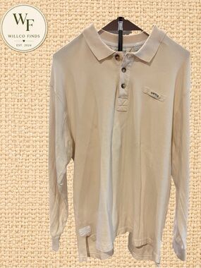 Orvis Men’s Long Sleeve Polo Shirt Large Cream 100% Cotton Outdoor Casual
